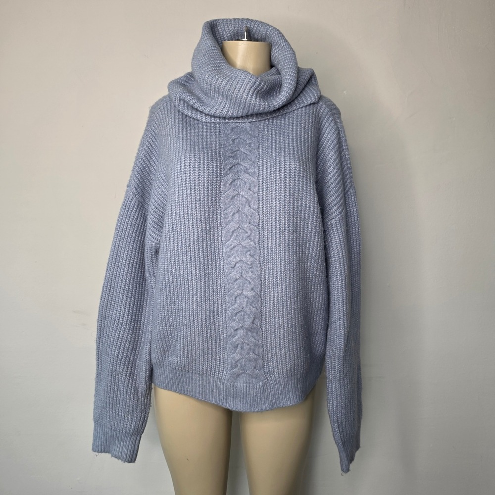 Charlie Paige Sweater Women L Blue Cowl Neck Cable Knit Ribbed Pullover 2993
